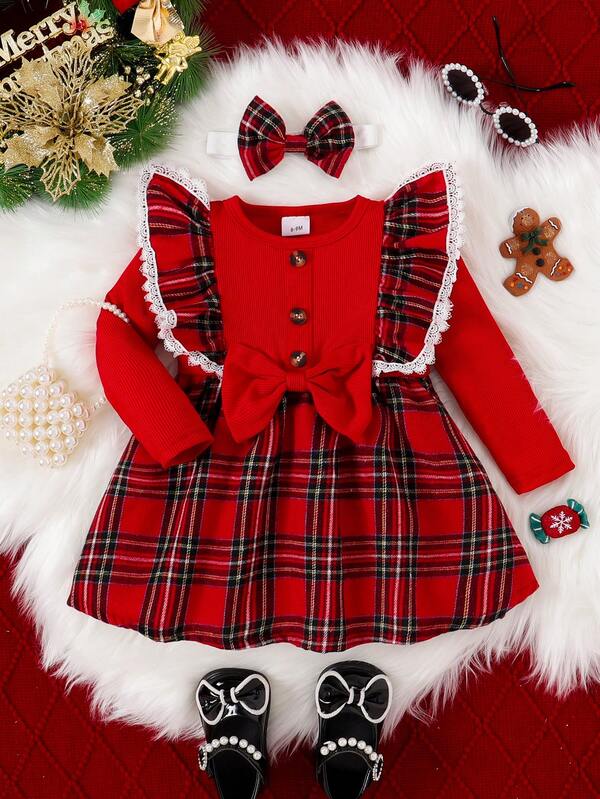Baby Mädchen süßes Rüschen Patchwork Schleife Dekor Kleid, Weihnachten Langarm Karomuster + Schleife Haarband, geeignet für den täglichen Gebrauch, Ausflüge, Partys