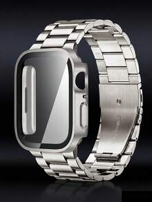 Two-In-One Compatible With Apple Watch Band + Case For Men And Women High-End Business Stainless Steel Three-Bead Band And Waterproof, Dustproof, Drop-Proof And Scratch-Resistant PC With Tempered Glass Screen Film Integrated Watch Protection Case Compatible With Apple Watch 38/40/44/41/42/45/S10 42/S10 46/49MM/ Band Case Compatible With Apple Watch Series Ultra/10/9/8/7/6/SE/5/4/3/2/1/Se Watches Stylish And Durable Band Case With Free Band Adjuster - Titanium Color - View 2