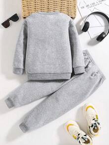 青少年男孩字母印花保暖圆领运动衫和裤子套装 - 灰色 - 查看 2
