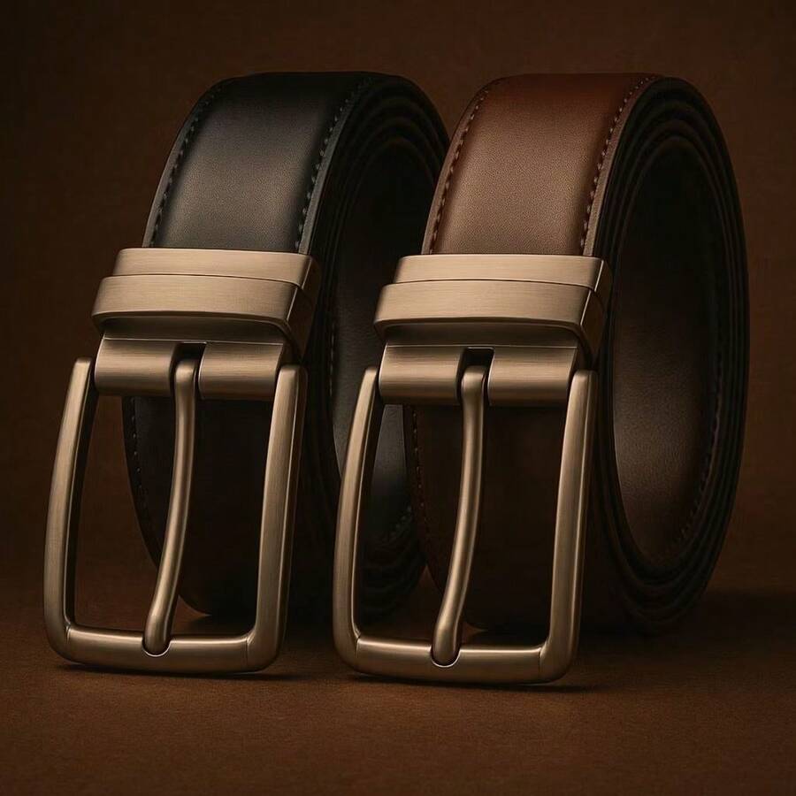 Men's Double-Sided Genuine Leather Belt With Reversible Swivel Buckle, Social Casual, Comfortable - Black - View 1