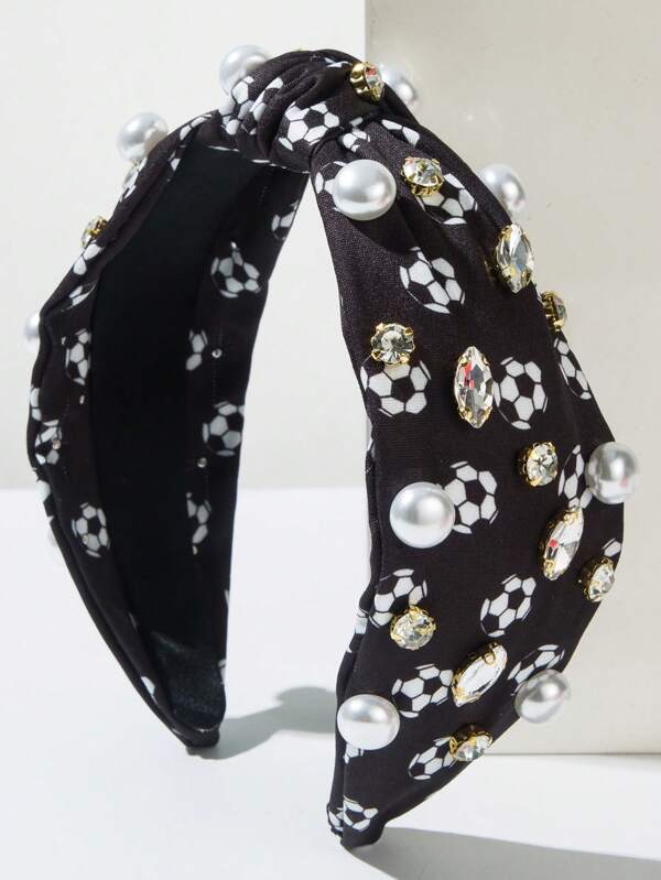 1 szt. Damska opaska na głowę z nadrukiem w kształcie piłki w stylu koreańskim z kryształkami i perłami, prosta, modna ozdoba na głowę w stylu sportowym, uniwersalny dodatek, akcesoria do włosów, opaska do włosów, obręcz do włosów, opaska do włosów dla kobiet, jesienne stylizacje