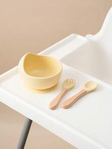 3件套个性化定制名字和图案婴儿硅胶吸盘碗木柄叉勺定制餐具套装适用于婴幼儿餐具