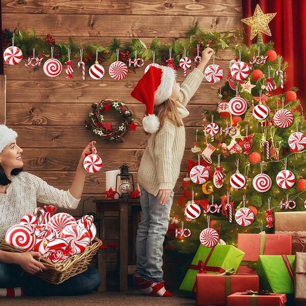 24 piezas Decoración navideña de árbol de Navidad de madera, adornos con forma de bastón de caramelo rojo y blanco, decoraciones colgantes para árbol de Navidad