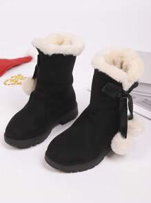A Pair Of Stylish And Cute Children's Snow Boots With Bow Decorations, Suitable For Outings, Trips, Vacations, And Back-To-School Outfits (Suitable For Both Boys And Girls)."Back-To-School Season Kids' Snow Boots""Kids' Snow Boots For Vacation Outfits""2025 New Children's Snow Boots"" Winter And Autumn Warm Kids' Snow Boots""Stylish And Cute Snow Boots"