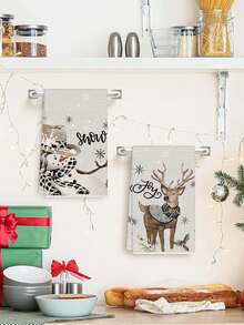 4pcs Christmas Themed Decorative Towels, Vintage Style Snowflake, Reindeer, Christmas Tree Pattern Fabric Decorative Dish Towels, Suitable For Christmas Fireplace, Dining Room, Kitchen, Christmas Decorations