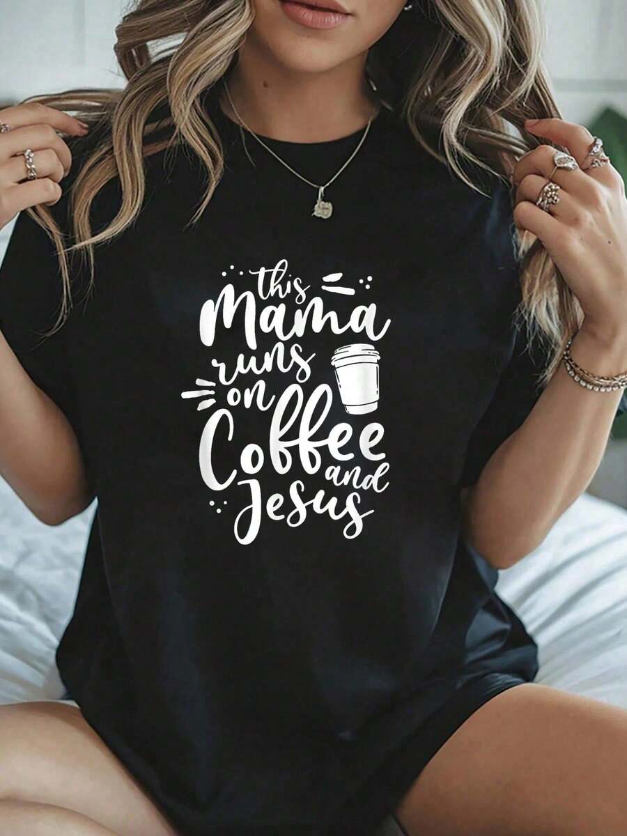 This Mama Runs On Coffee And Jesus Christian Mom Mothers Day T-Shirt - 100% Cotton T Shirts For Women, Breathable, Comfortable, Summer Tops - 黑色 - 查看 1