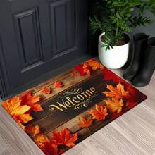1pc Crystal Velvet Entrance Doormat, Decorative Modern Wood Grain Maple Leaf Non-Slip Outdoor Rug Set