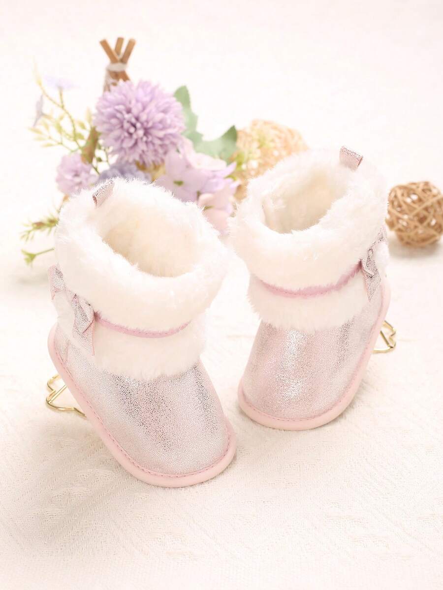 0-1岁婴儿蝴蝶结保暖软底婴儿靴，冬季 - 粉色 - 查看 1