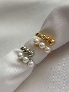 Women's Adjustable Double Ring With Pearls And Smooth Spheres, Gold Or Silver Plated, Minimalist, Delicate, Luxury - Bạc - Xem 5