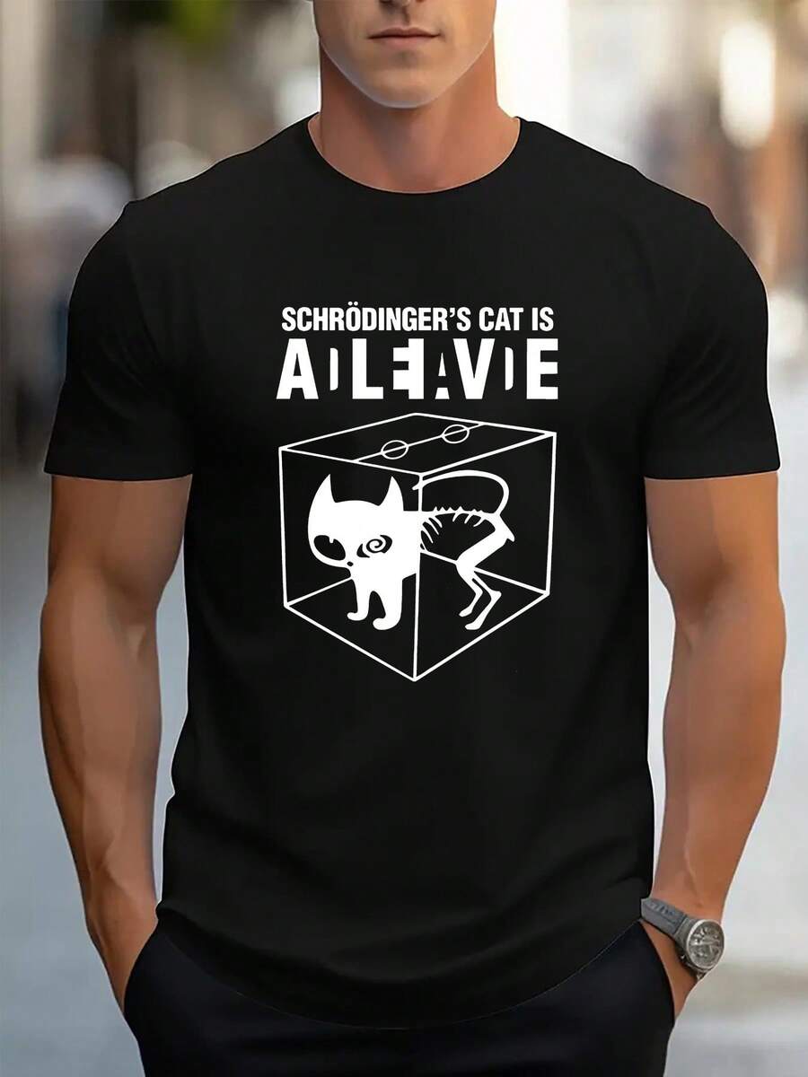 Men's Funny Schrödinger's Cat Science Tee - Black T-Shirt With "Is Alive Dead?" Box Design - Lightweight Breathable Shirt For Gym, Casual Outfits - Machine Washable Everyday Top, Leisure Apparel, Playful Print, Durable Construction, Short Sleeve Top, Geek Culture - màu đen - Xem 1
