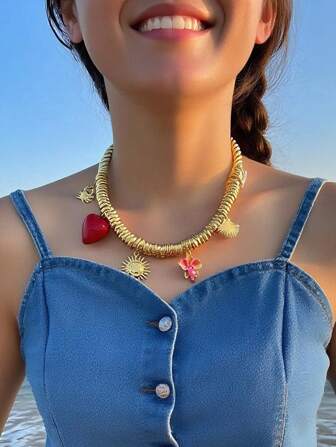 1pc Metal Ring Handmade Braided Bracelet With Oil Drop Pendant, Fashionable Luxurious Necklace For Women