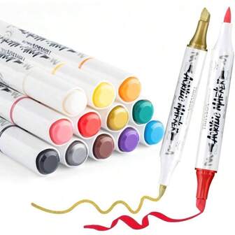 12 Colors Chisel And Brush Dual - Tip Acrylic Paint Marker Pen Set For Canvas Rock Wood Leather Ceramic DIY Painting