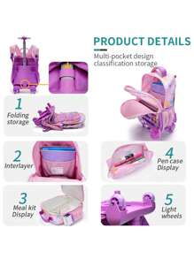 BLING BABIES 3 Pezzi Set Zaino con Ruote per Ragazze, Design Carino a Sirena con Paillettes Rosa, Zaino Scolastico con Ruote per Studenti delle Elementari, Bambini, con Borsa Pranzo e Astuccio