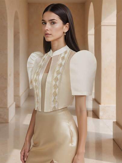 Amyenjoylife 现代菲律宾风情衬衫，菲律宾风情蝴蝶袖衬衫，女士时尚优雅拼接泡泡袖开衫短袖上衣，香槟色上衣