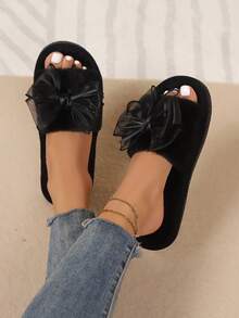 Spring/Summer Women's Elegant Girly Style Solid Color Bow Plush Open Toe Indoor House Slippers Soft Comfortable Soft Sole Lightweight - Black - View 5