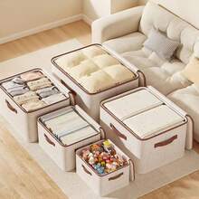 1pc Foldable Storage Box, Bedroom Storage Box With Zipper Cover, Cotton Linen Fabric With Cover Storage Basket Box, Foldable & Washable, Wardrobe Shelf Clothes Storage Container With Handle