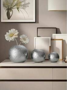 Round Ball Vase Home Living Room Desktop Decoration Ornament Light Luxury Premium Hammer Pattern Round Ball Flower Arrangement Container Gold Silver Ins Style Ornament Vase Home Soft Decoration Round Ball Ornament Sample Room Living Room TV Cabinet Decoration Decoration Decoration Home Decor Room Decor Flower Vase Glass Vase - Silver - View 3