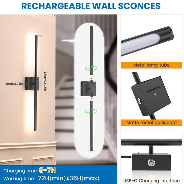 Lámpara de pared con carga USB negra de 80 CM - Desmontable, fácil de usar, interruptor táctil, luz cálida con control remoto, rotación de 350° - Ideal para sala de estar, dormitorio, estudio, comedor, cafetería y decoración del hogar