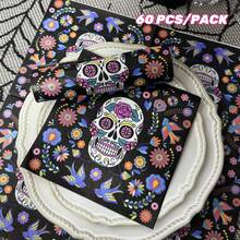 20/40/60 件彩色花卉和鸟类骷髅图案万圣节纸巾，13*13 英寸，双层，万圣节装饰印花纸巾，万圣节派对餐桌装饰和餐饮，万圣节派对用品
