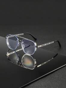 1 副男士金属双梁几何镂空休闲时尚优雅简约平板眼镜，适合日常阅读、通勤、摄影 - 銀色 - 查看 1