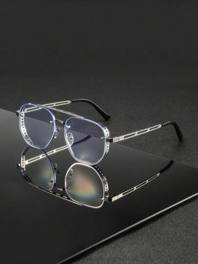 1 Pair Men's Metal Double-Beam Geometric Hollow-Out Casual Stylish Elegant Minimalist Flat Glasses, Suitable For Daily Reading, Commuting, Photography