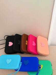 1 bolsa de cosméticos de silicona de unicolor con forma de corazón, bolsa de almacenamiento de gran capacidad, bolso con cuerda colgante, bolso simple para mamá, monedero, estuche para lápiz labial, bolso cuadrado, bolsa de almacenamiento para brochas de maquillaje, silicona suave, uso multifuncional, a prueba de humedad, a prueba de moho, resistente al calor y fácil de limpiar, cremallera suave sin óxido, tacto cómodo, equipado con cuerda colgante, bolsa de cosméticos, bolsa de maquillaje grande, regalos de Navidad, bolsa, viaje, bolsa, embrague / bolso pequeño, organizador de maquillaje, bolsa, soporte para brochas, mini bolsa, bolsa de gran capacidad