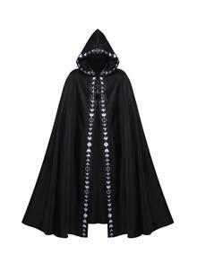 印花连帽斗篷，复古中世纪文艺复兴嘉年华派对服装斗篷，舞台表演，万圣节服装，派对礼服 - 黑色 - 查看 2