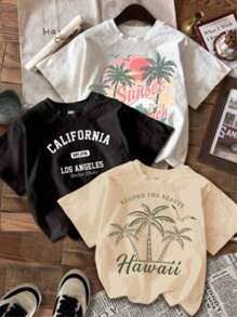 3 PACK Playera básica mujer dama cuello redondo manga corta estampado GRAFICO DE CALIFORNIA HAWAII PAISAJE CIUDADES | Estilo Casual Moderno | Textura Suave Fortiz - Multicolor - Ver 1