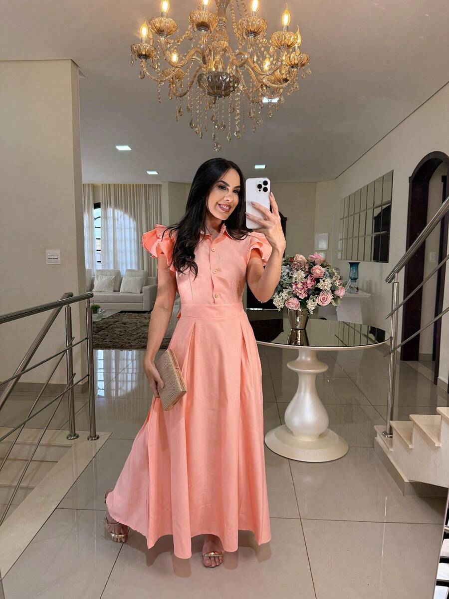 Elegant Long Dress With Puff Sleeves And Front Buttons – Sophisticated Look For Parties And Events - Orange - View 1