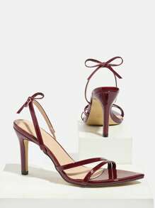 Jin Bei Qi 女士金属带后系带蝴蝶结尖头细高跟凉鞋，优雅奢华时尚派对宴会风格，酒红色高跟鞋