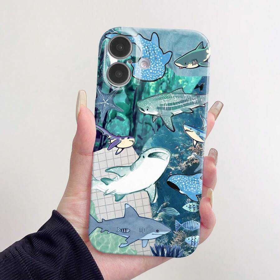 1pc Creative Underwater Shark Design Glossy Hard Phone Case Compatible With IPhone 11, 12, XR, 13, 13 Pro, 13 Pro Max, 14, 14 Pro, 14 Pro Max, 15, 15 Pro, 15 Plus, 15 Pro Max, 16, 16 Pro, 16 Plus, 16 Pro Max, 16e - Multicolor - View 1