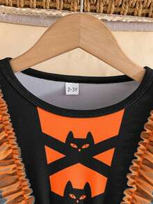 Little Toddler Girl Halloween Dress Bat Print Ruffled Trim Crew Neck Long Sleeve A Line Irregular Hem Mesh Dress - 橘色 - 查看 5