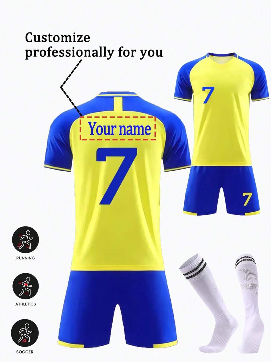 2pcs Personalized Name/Team Custom Youth Soccer Jersey Set, Casual Outfit For Teenagers, Riyadh Victory #7 Name Print - Boys Set - Children Set/Short Sleeve And Shorts Set, Sportswear/Training Suit And Casual Wear, Outdoor Perfect Choice,Customized Boys Sports & Entertain Wear,Warm Ambience,Kids,Urban Gala