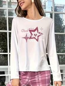 1 piesă de noapte pentru femei cu guler rotund și mânecă lungă, imprimeu cu stele, iarnă