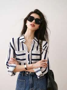 Striped Pocket Shirt, Retro Versatile Vertical Striped Shirt, New Autumn Long Sleeve Top, Versatile Casual Shirt - Navy Blue - View 1