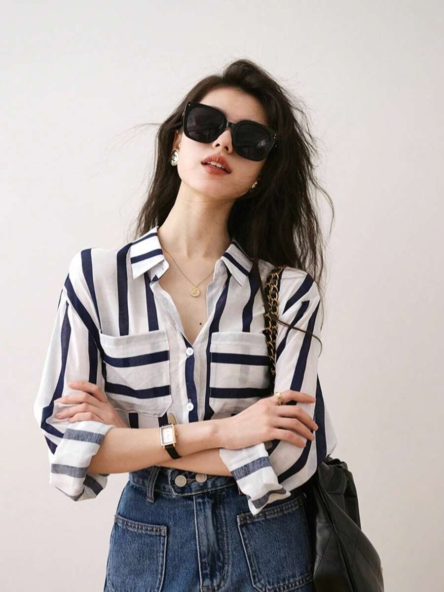 Striped Pocket Shirt, Retro Versatile Vertical Striped Shirt, New Autumn Long Sleeve Top, Versatile Casual Shirt - Navy Blue - View 1