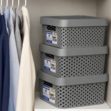 Kit 2 cajas organizadoras tapa plástico modernas 11L almacenamiento orden closet ropa accesorios hogar apilable resistente diseño contemporáneo fácil transportar - Lila Púrpura - Ver 11