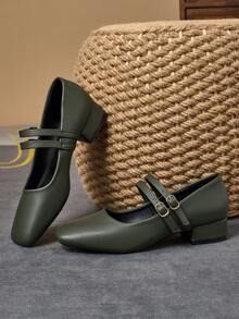 MonaNise 女士3厘米布面包跟黑色时尚百搭玛丽珍低跟粗跟优雅平底鞋，另有藏蓝色、咖啡色、酒红色可选 - 軍綠色 - 查看 2