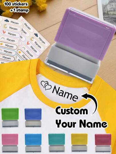 1 pieza Sello con nombre personalizado + 100 pegatinas, Sello de nombre de ropa resistente al agua para niños, 8 unicolor, Sello de firma con patrón de dibujos animados personalizado, Personalizable para niños, Regalo de papelería para estudiantes, Regalo de cumpleaños, Lindo, Útiles escolares, Niñas, Mochila, Niños, Niñas, Hijo