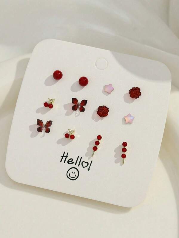 3 Paar Ohrstecker für Damen mit Leoparden-Muster C-Ring, Vintage Fliege, temperamentvolle kleine Bordeaux-farbene Ohrringe, hochwertiges, einfaches Ohrstecker-Set