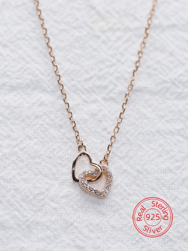 1pc Elegant S925 Sterling Silver Cubic Zirconia Double Heart Pendant Necklace, Suitable For Women's Casual, Party, And Daily Wear, High-Quality Jewelry Gift - Silver Weight 1.73g