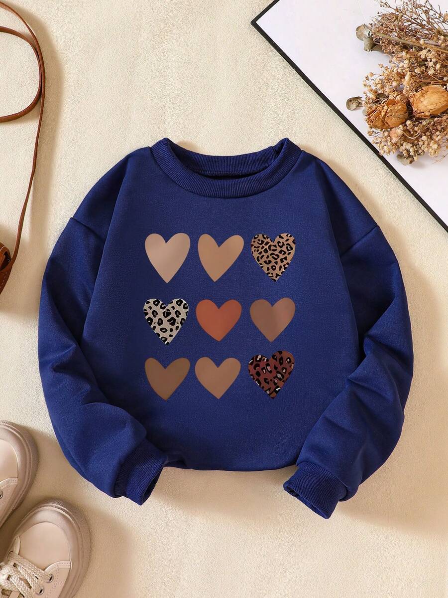 1 Stück lässiges, weites Sweatshirt mit Herz Muster für Kleine Mädchen, rundhalsausschnitt, langärmlig, geeignet für modische Kleidung im Herbst und Winter