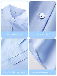 Camisa informal de manga larga ajustada para mujer, diseño de cuello alto, con bolsillos laterales dobles, adecuada para oficina, ocio y uso diario - Azul - Ver 5