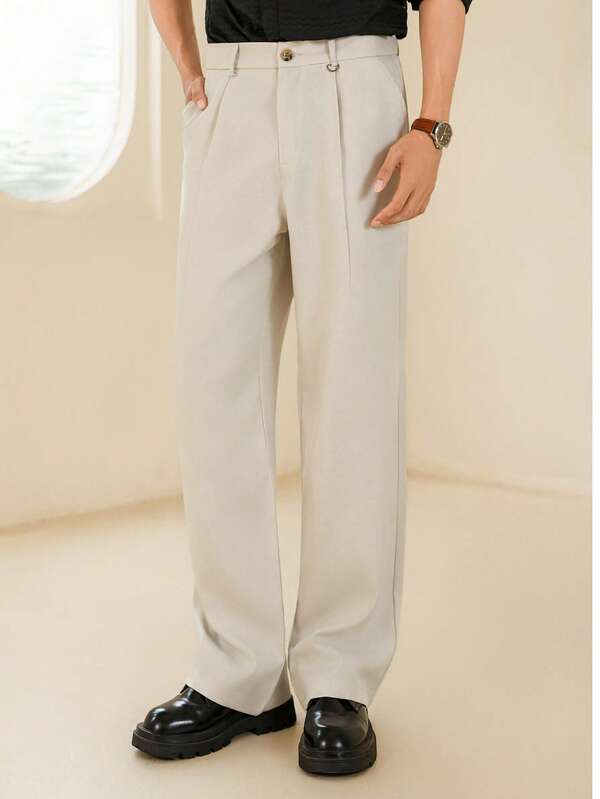 1pc Men's Outdoor Casual Street Vacation Daily Wear Single Pleat Faux Leather Waist Decor Loose Solid Color Pants