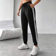 Urban Style Pants Jogger Mujer Gym Slim Fit Dama Deportivos  A rayas  Color combinado    Básico    Bolsillo  Raya lateral  Nudo    Diario - Negro - Ver 6