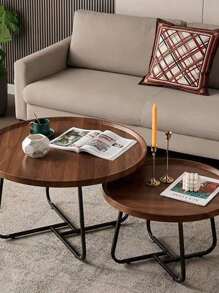 2pcs Set Suitable For Small Spaces Round Coffee Table Set - Modern Multifunctional Lift-Up Footstool With Storage, Minimalist Apartment Living Room Decor, 2pcs Nesting Tables (-Wood)