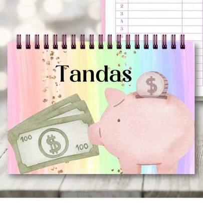 "Libreta de tandas en formato horizontal, tamaño media carta, diseño colorido para organizar pagos y cobros fácilmente, espiral de plástico resistente, ideal para llevar control de tandas de forma práctica y visualmente atractiva, perfecta para emprendedoras."