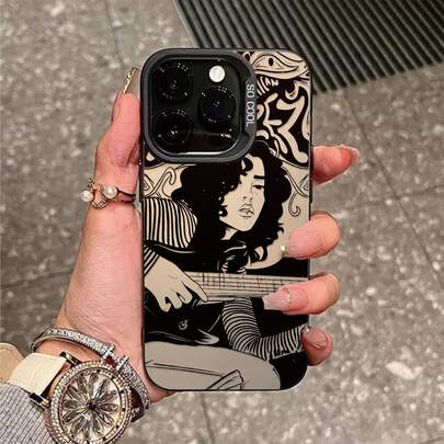 Black Tone Guitar Girl Pattern Phone Case, Personalized Compatible With IPhone 16 Pro Max, 15/14 Plus, 13, 12, 11 Protective Cover