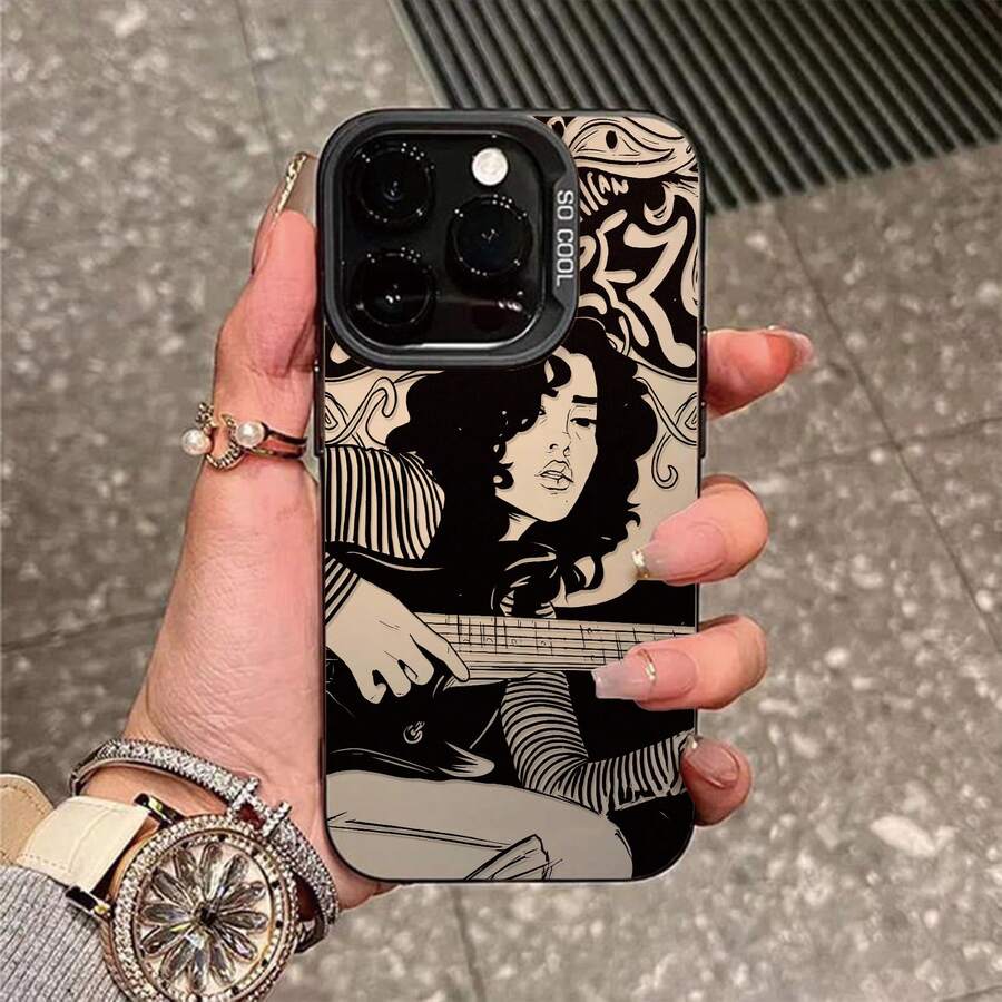 Black Tone Guitar Girl Pattern Phone Case, Personalized Compatible With IPhone 16 Pro Max, 15/14 Plus, 13, 12, 11 Protective Cover - Black Frame, Sand Grey - View 1