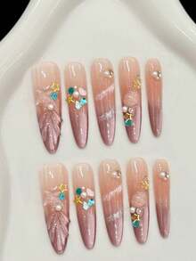 10Pcs Long Stiletto Handmade Press On Nails For Party And Daily Wear,Pink Nails,Pink Underwater World.,Long Nail,Easy To Wear 10Pcs Y2K Handmade Press On Nails,Summer Nails ,Summer Style,Suitable For Girls And Women Festivals Parties And Daily Wear Nail Supplies Nails